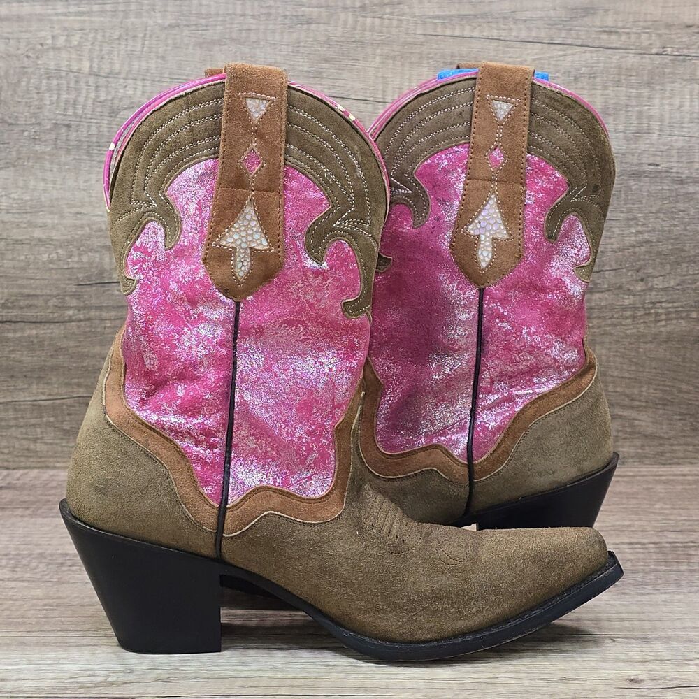 Sterling River Women's Size 9 B Brown Suede Shimmer Pink Western Cowgirl Boots - Picture 6 of 11